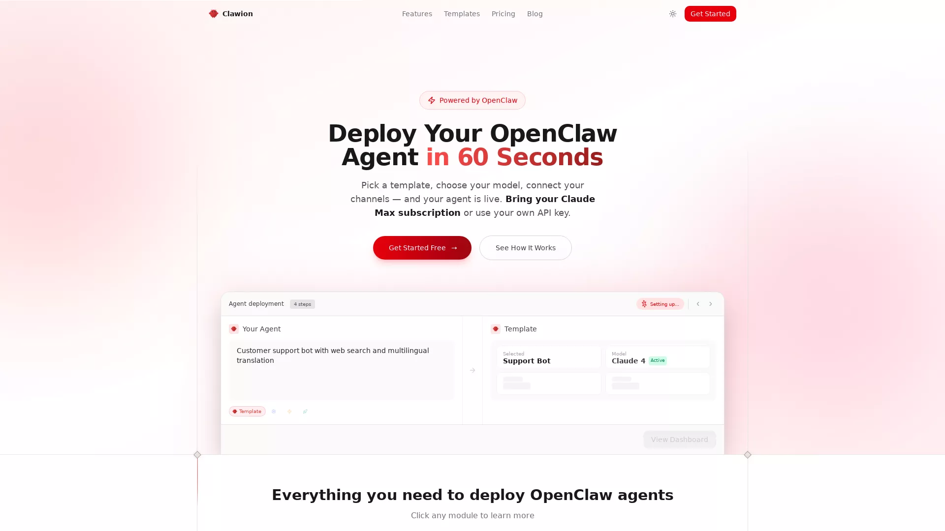 Clawion - AI Agent Deployment Tool Website Screenshot