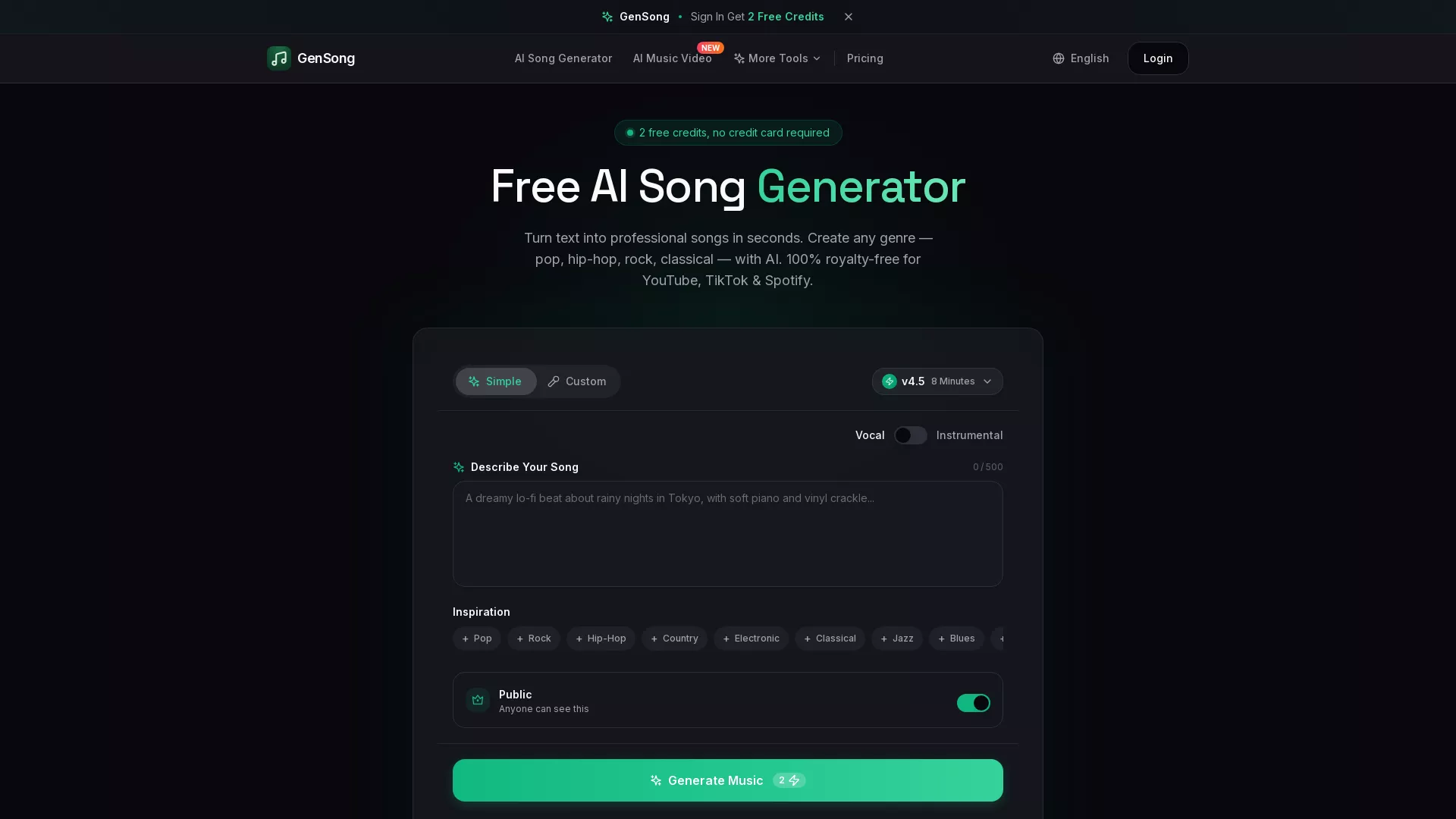 GenSong | Free AI Song Maker - AI Song Generator Website Screenshot