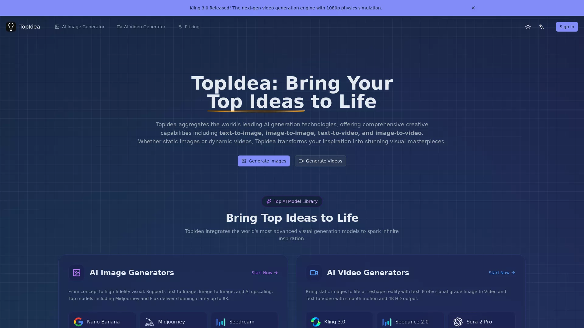 TopIdeaAI - AI Video Generation Platform Website Screenshot