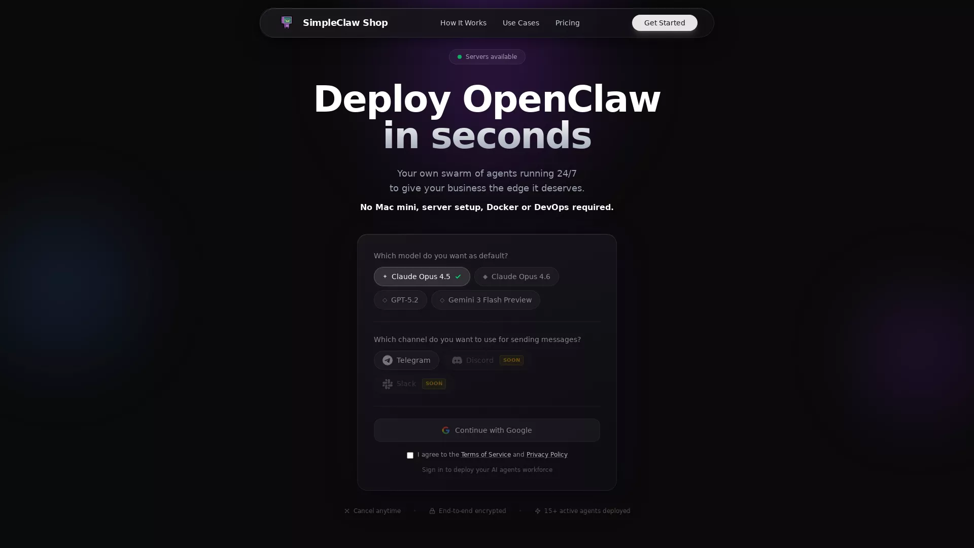SimpleclawShop - Single Click OpenClaw Setup Website Screenshot