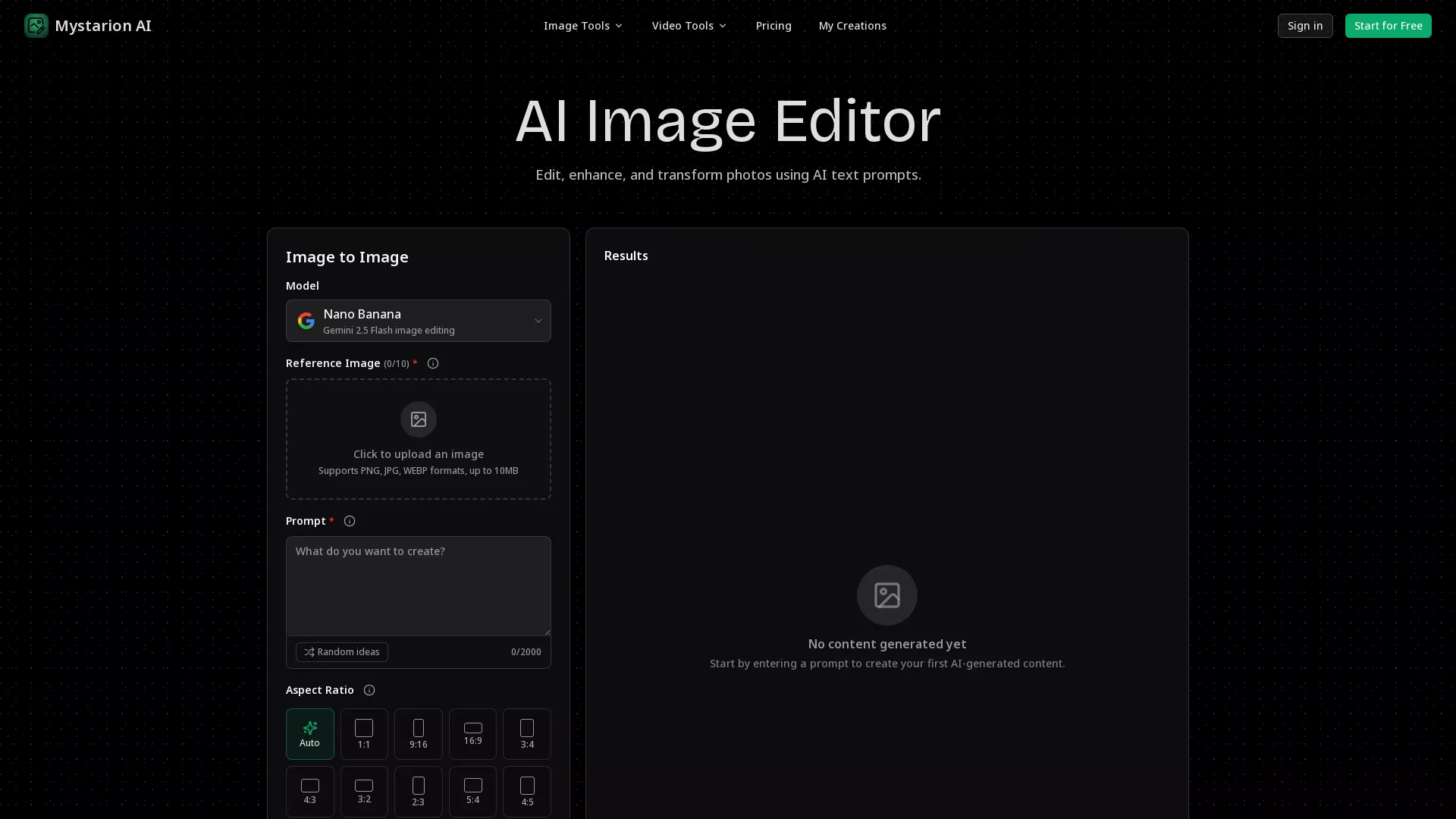 Mystarion AI - AI Image Editing Tool Website Screenshot