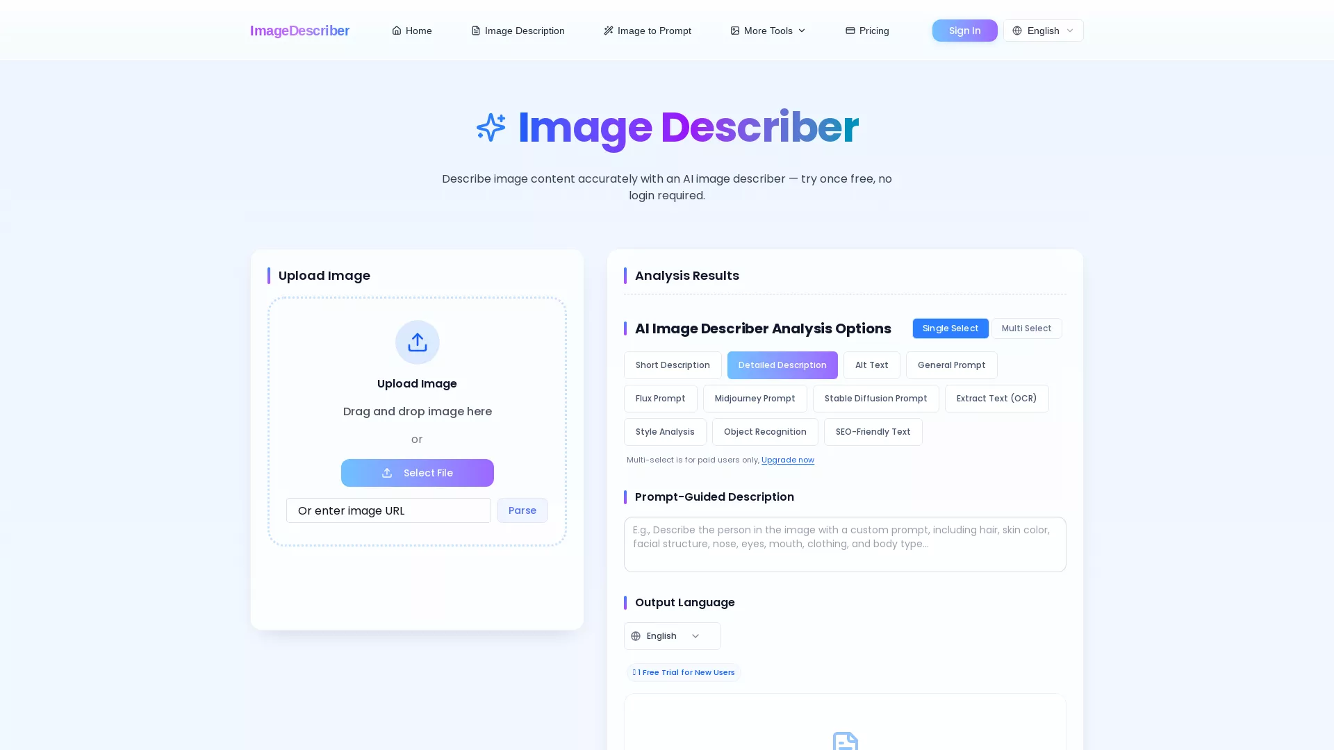 ImageDescriber - AI Image Captioning Tool Website Screenshot