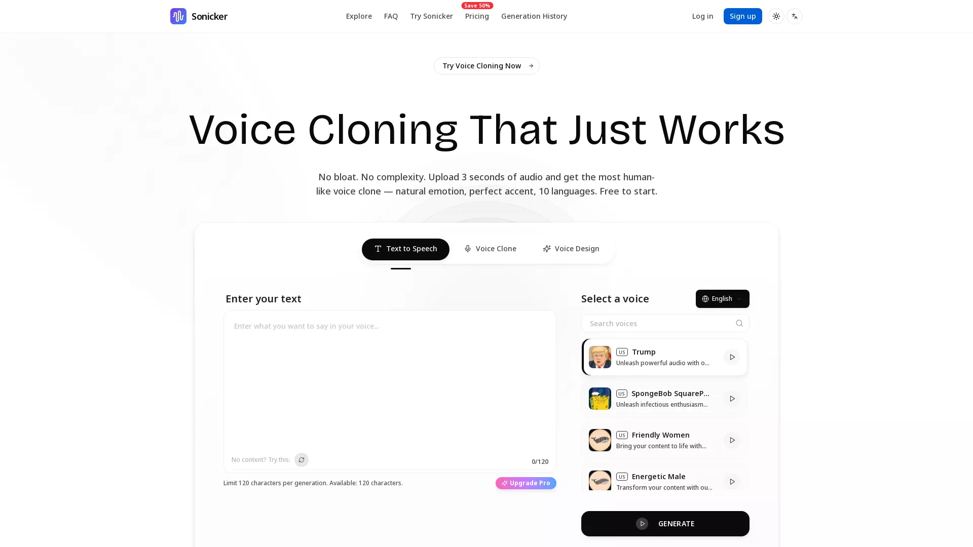 Sonicker - AI Voice Cloning Website Screenshot