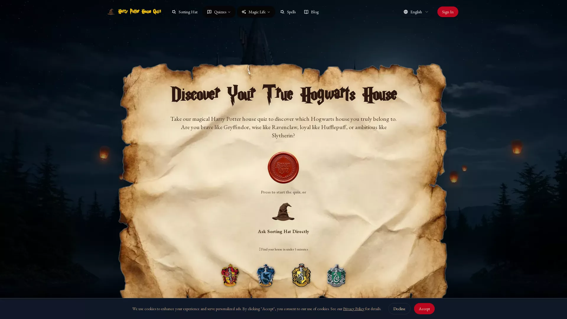 Harry Potter House Quiz Org - AI Test and Image Generation Tool Website Screenshot