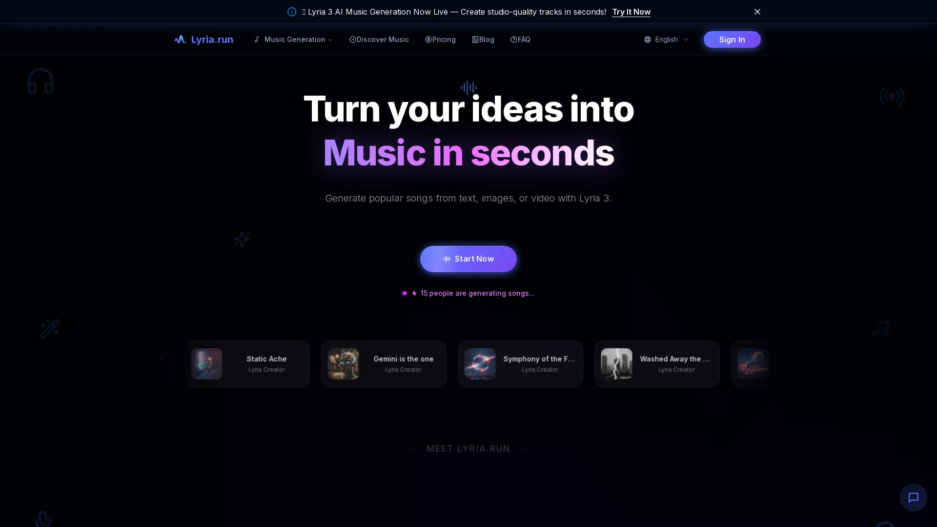 LyriaRun - AI Music Generation Platform Website Screenshot