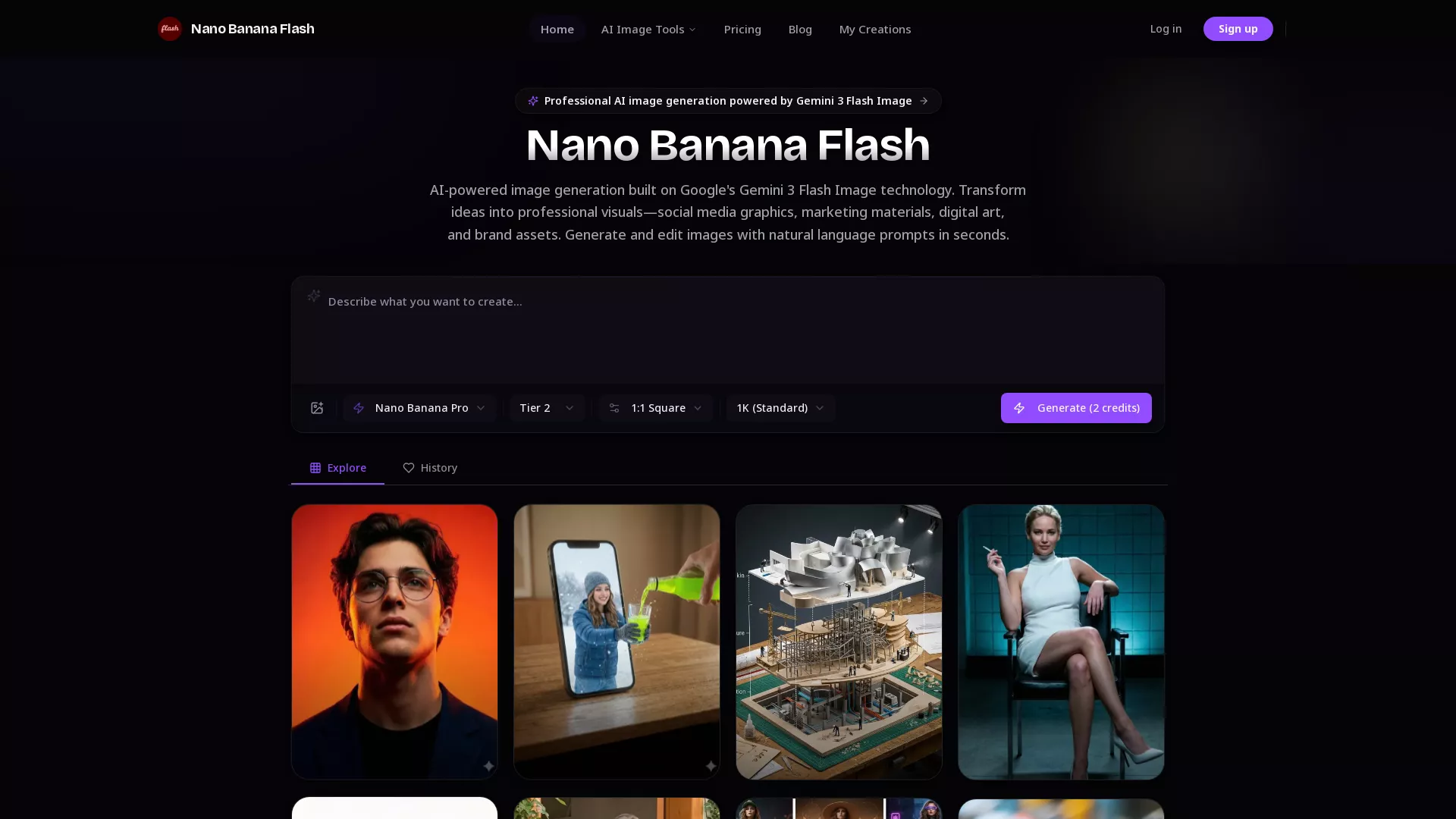 Nano Banana Flash - AI Image Generation Tool Website Screenshot