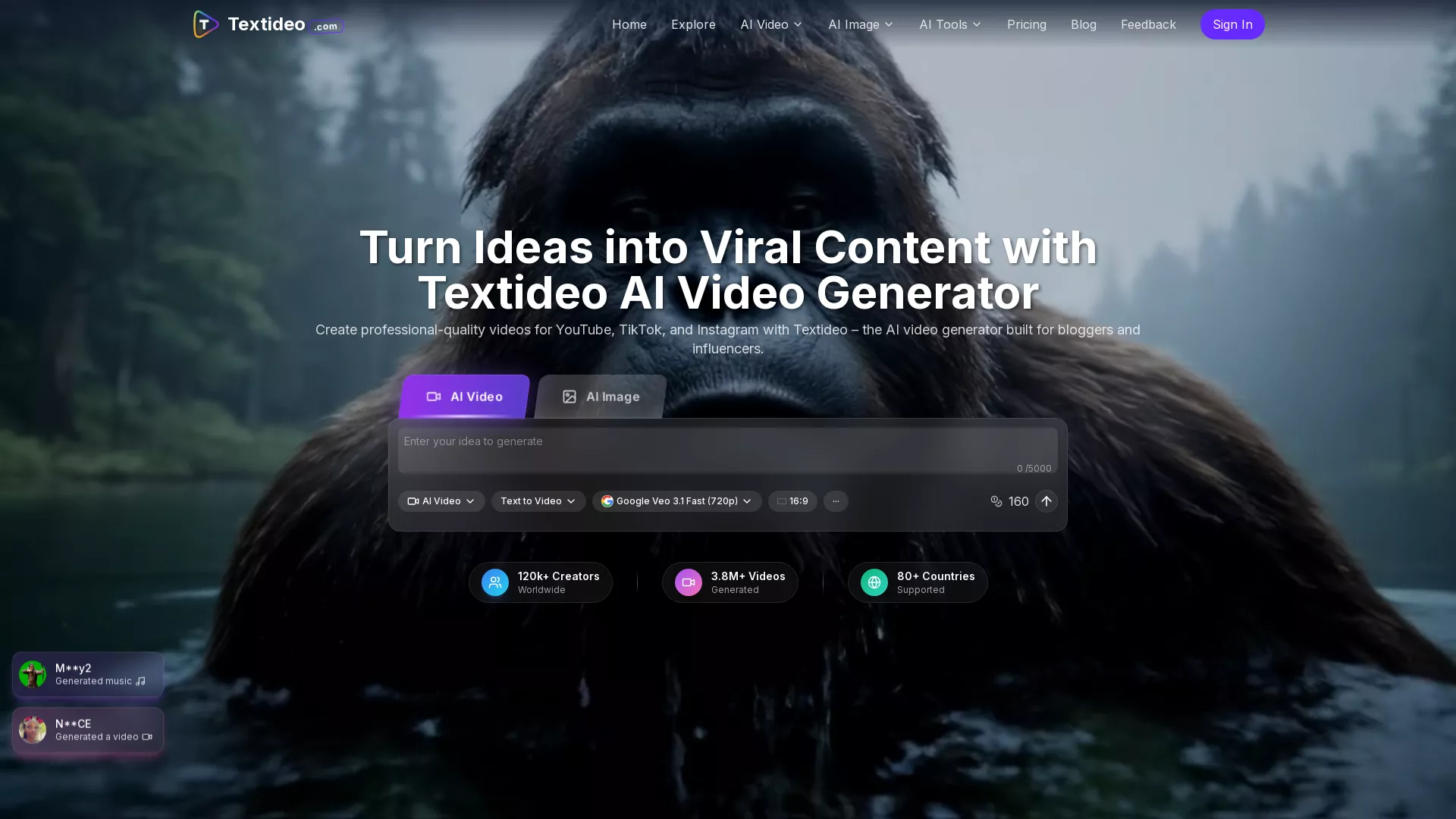 Textideo - AI Video Creation Tool Website Screenshot