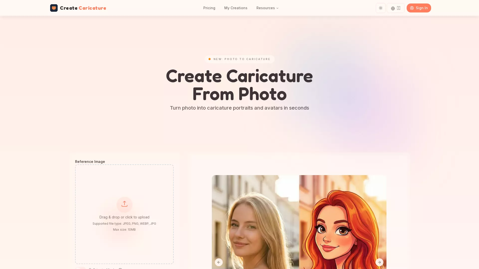 CreateCaricature - AI Caricature Generator Website Screenshot