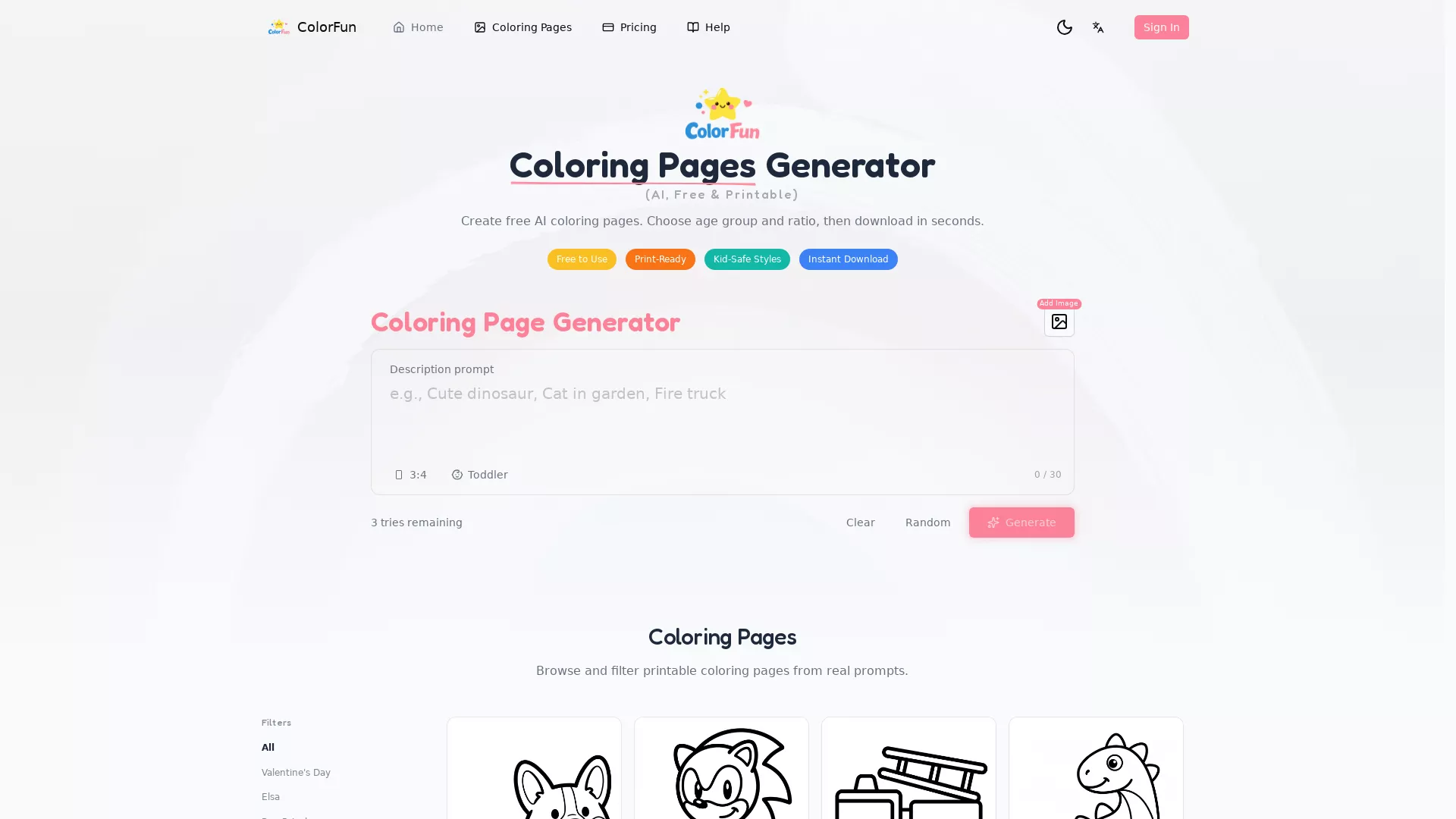 ColorFun - AI Coloring Pages Generator Website Screenshot