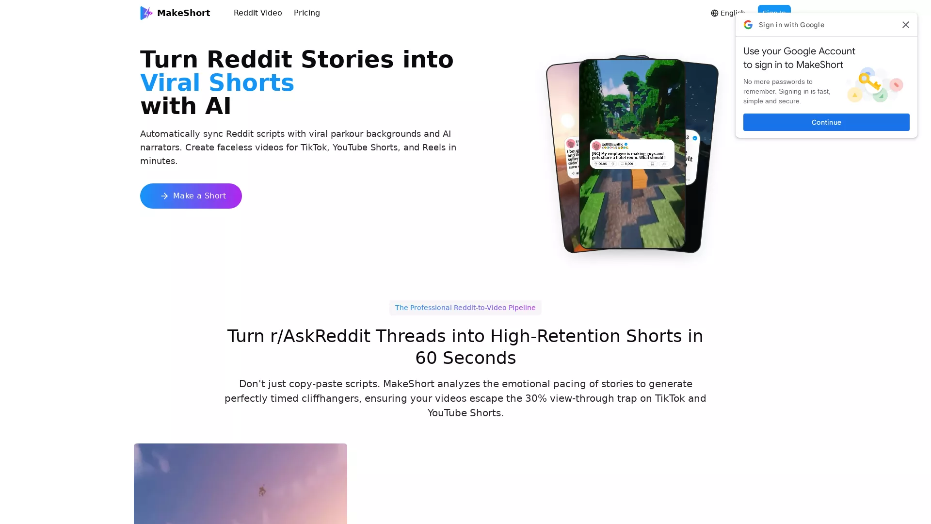 MakeShortAI - AI Video Creation Tool Website Screenshot