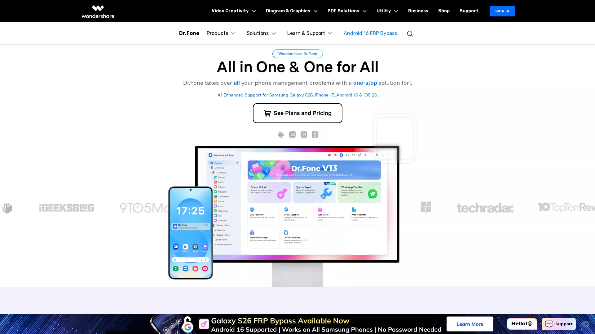Wondershare Dr.Fone - AI Mobile Unlock Tool Website Screenshot