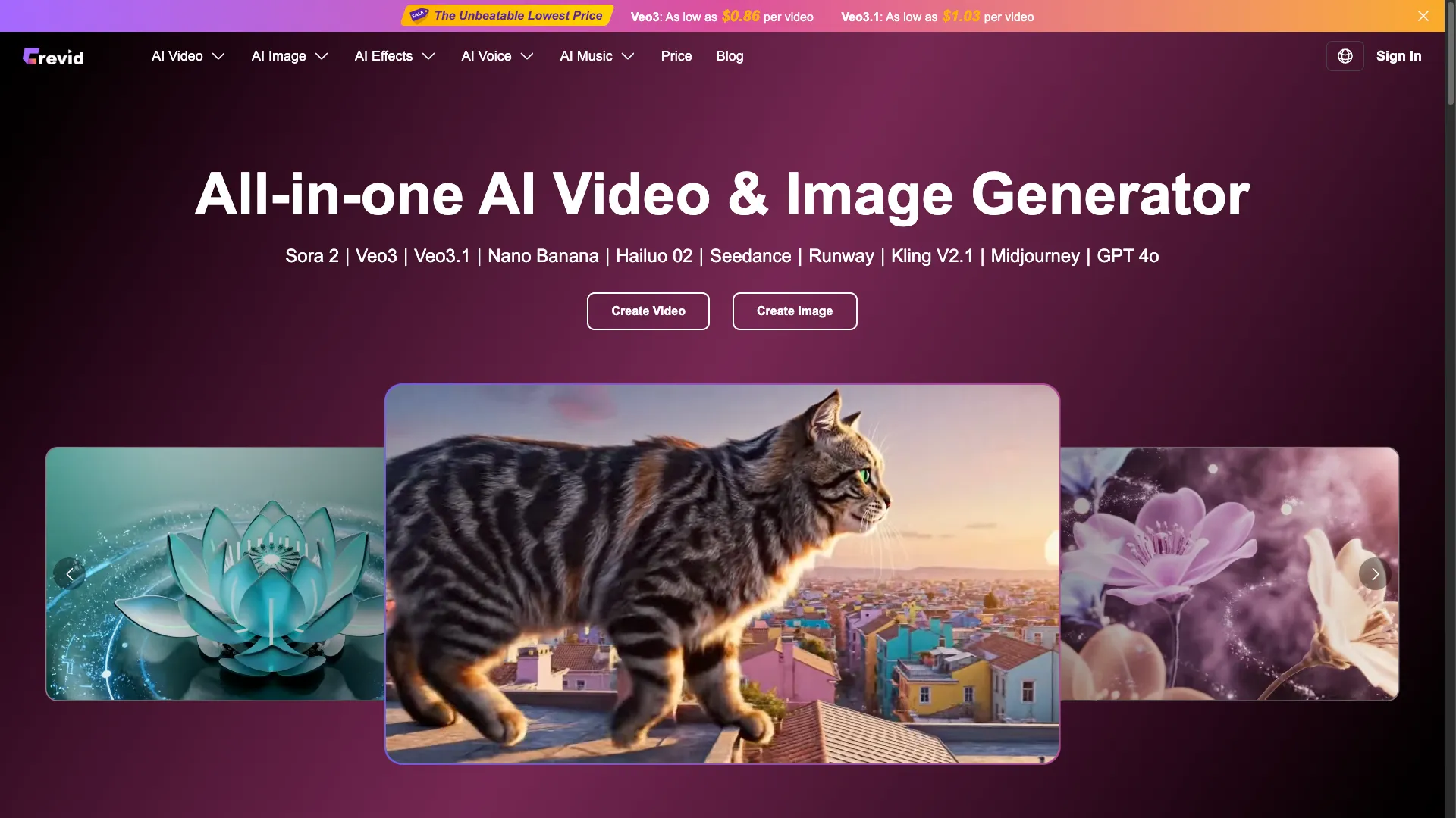 Crevid AI - AI Video Generation Tool Website Screenshot