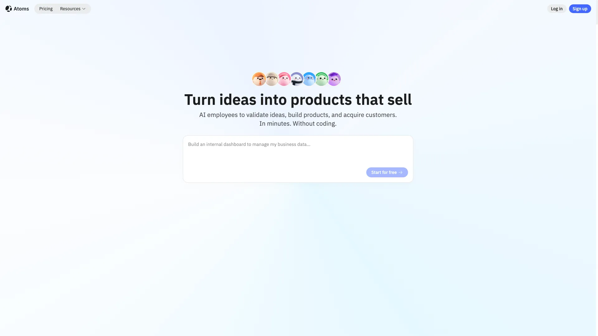Atoms - AI App Development Platform Website Screenshot