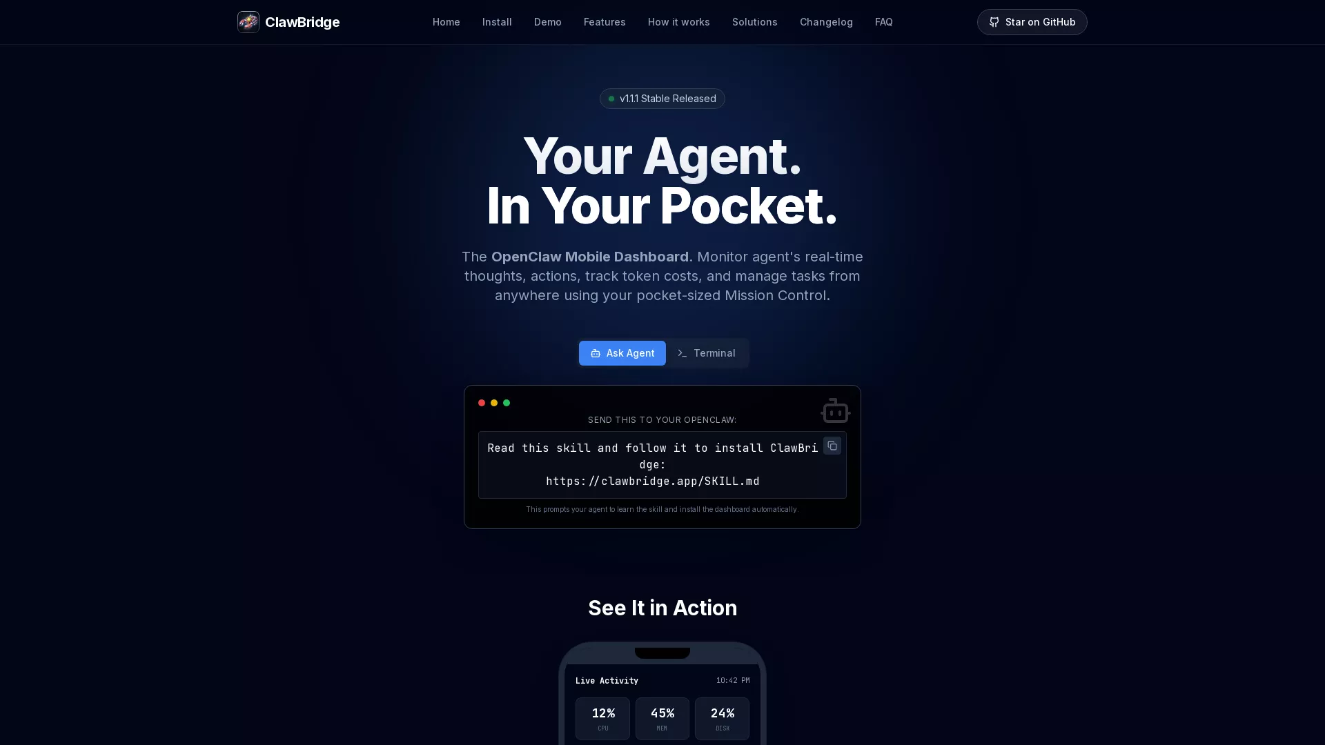ClawBridge - OpenClaw Mobile Dashboard Website Screenshot