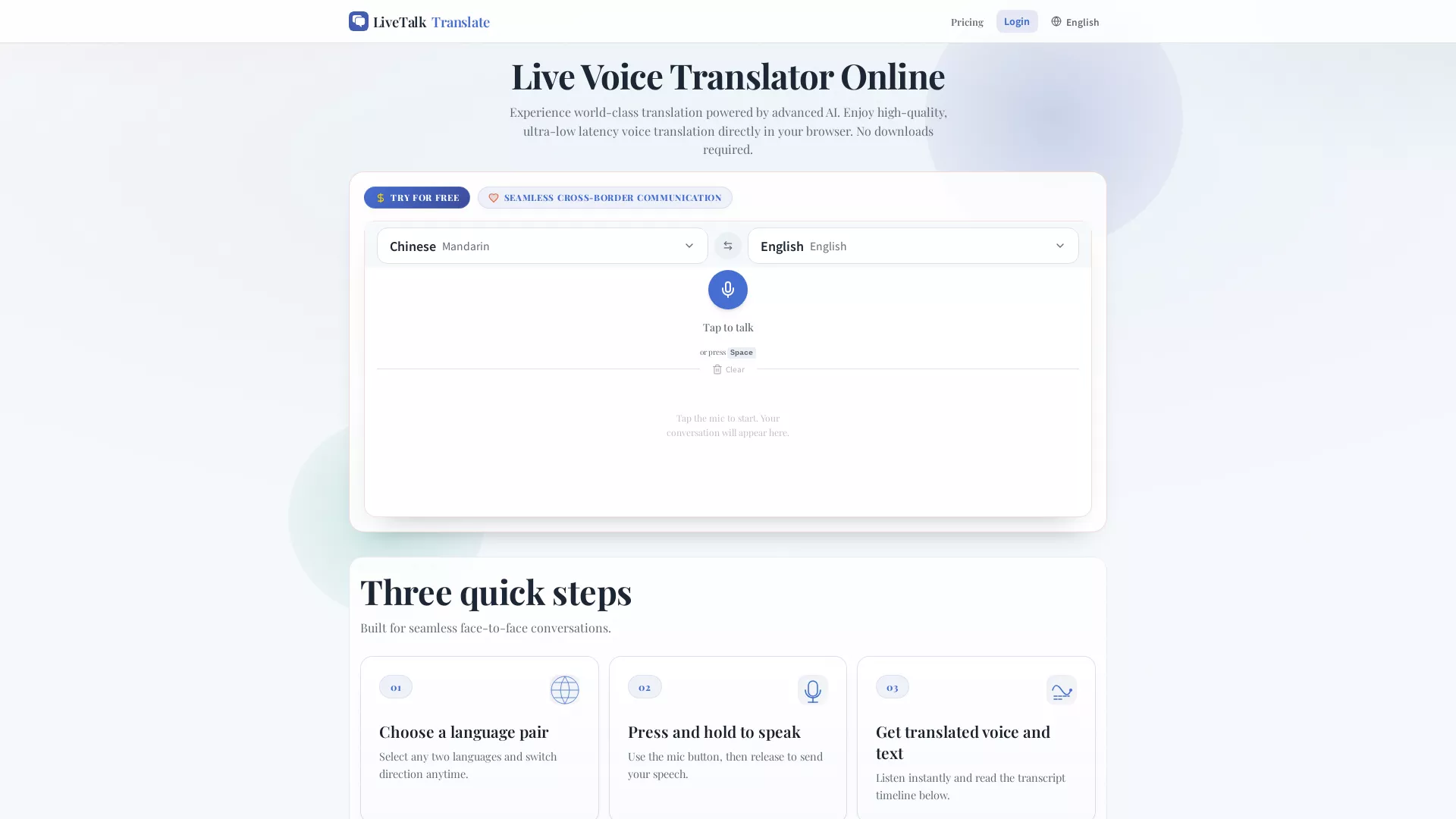LiveTalkTranslate - AI Voice Translation Tool Website Screenshot