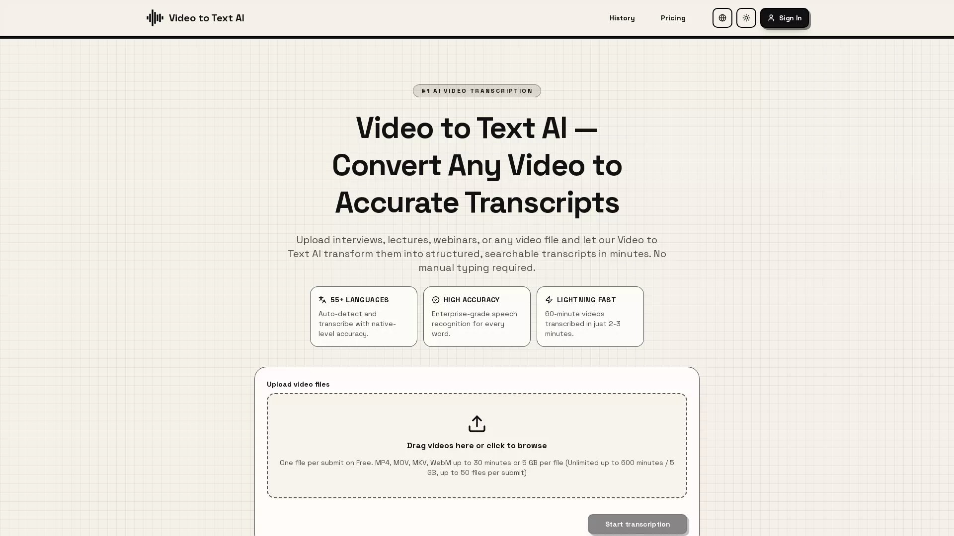 VideoToTextAI - AI Transcription Tool Website Screenshot