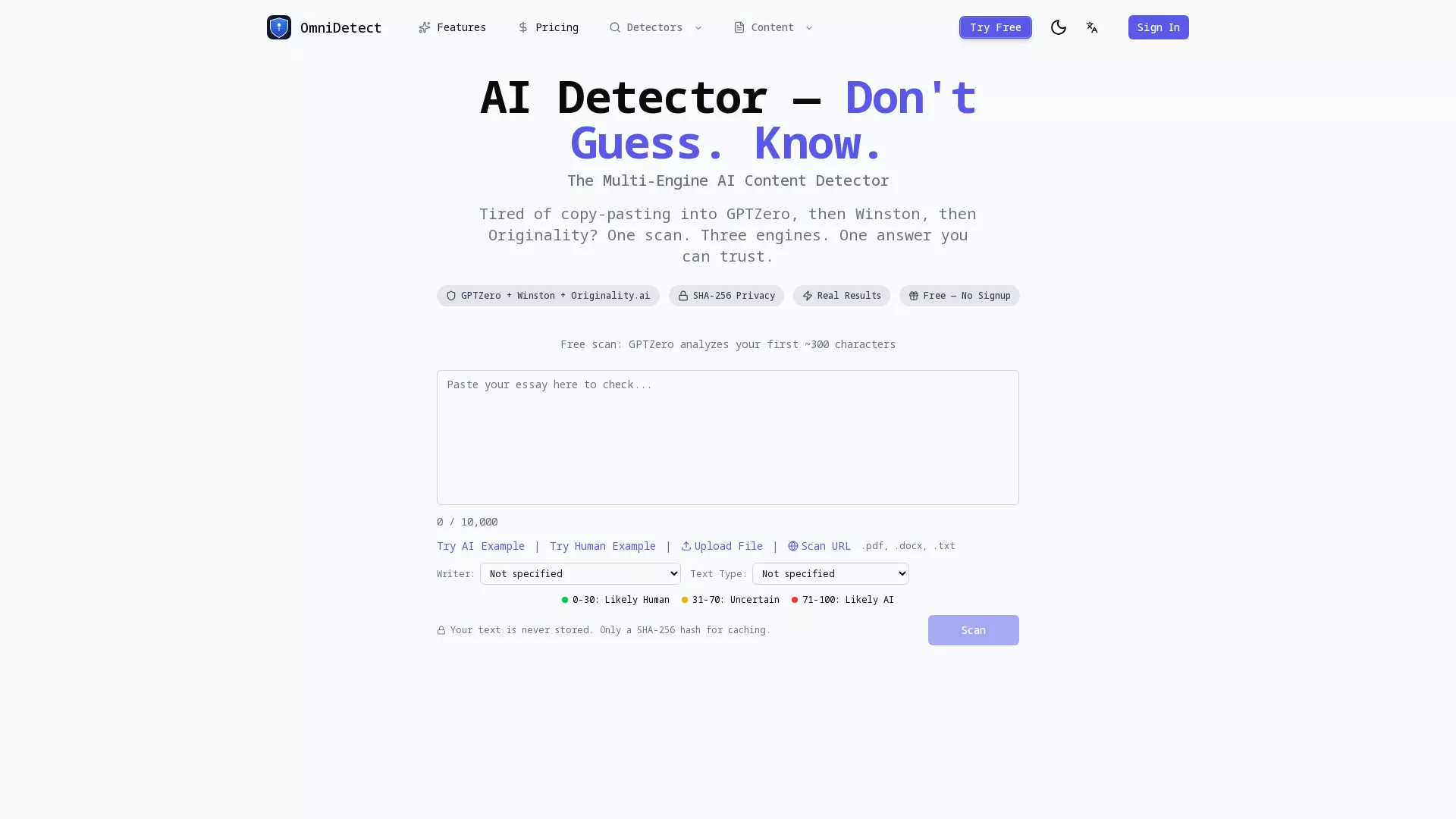 Omnidetect - AI detector Tool Website Screenshot