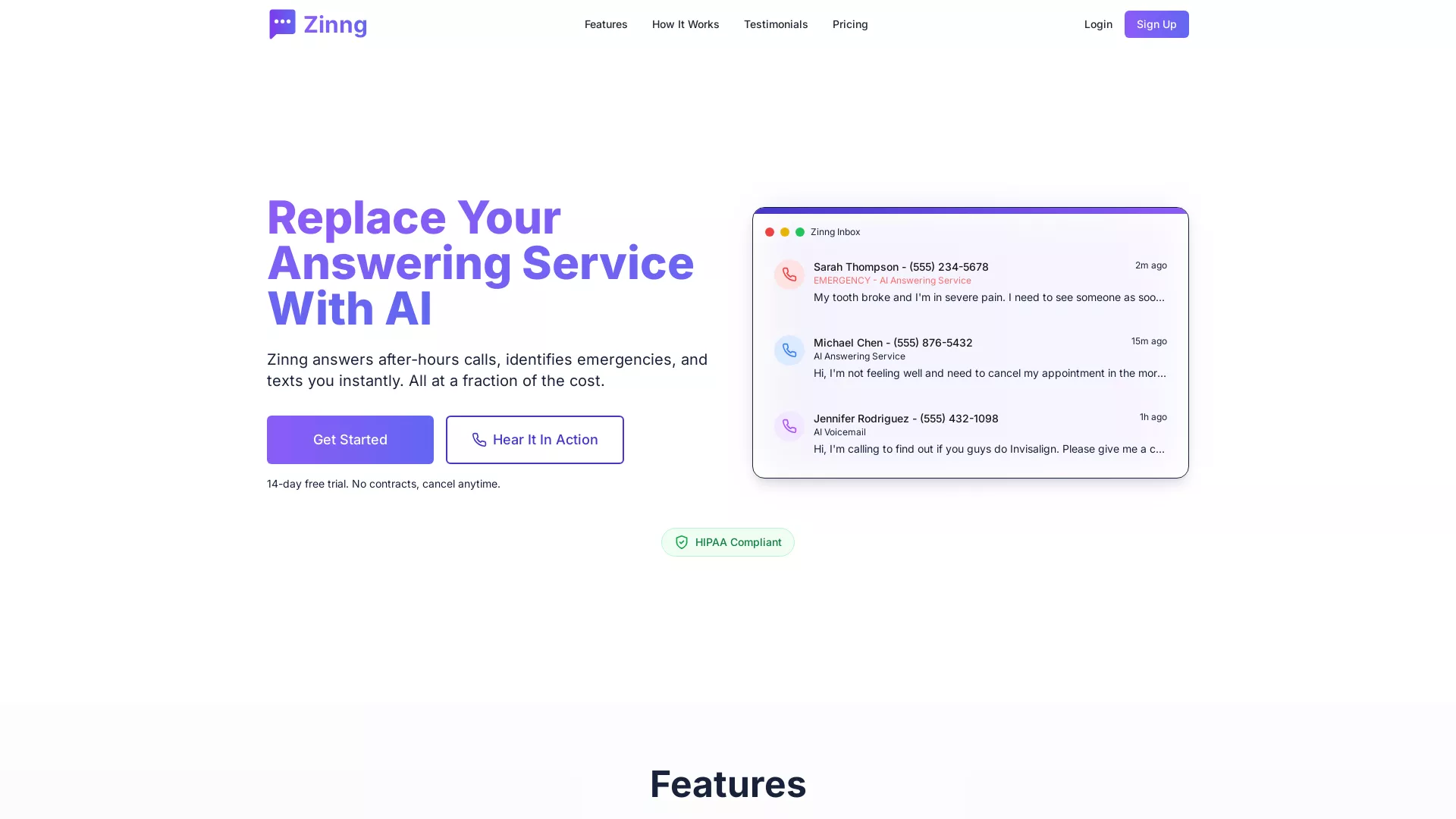 Zinng - AI Phone Agents Website Screenshot