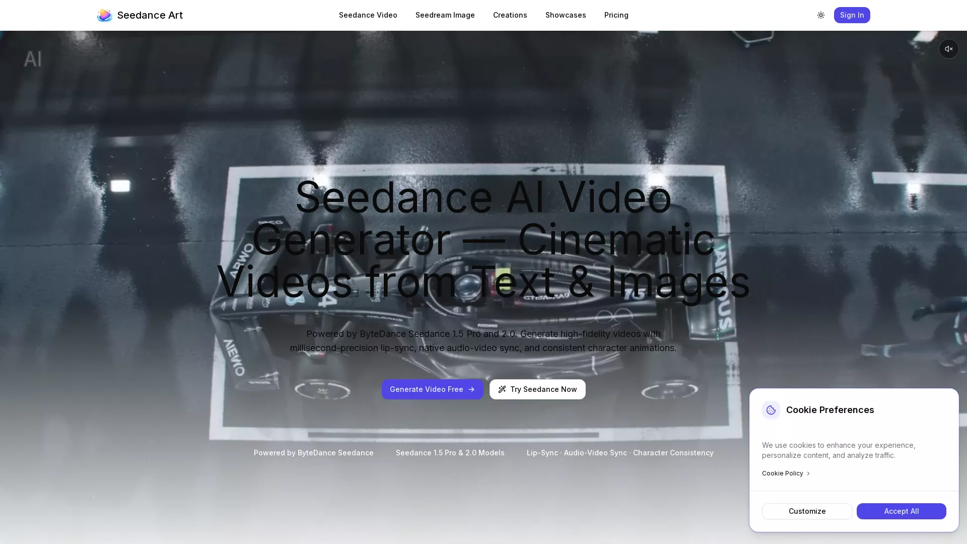 SeedanceArt - AI Cinematic Video Generator Website Screenshot