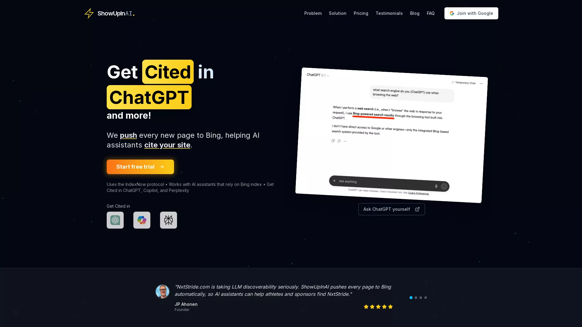 ShowUpInAI - AI Visibility Tool Website Screenshot