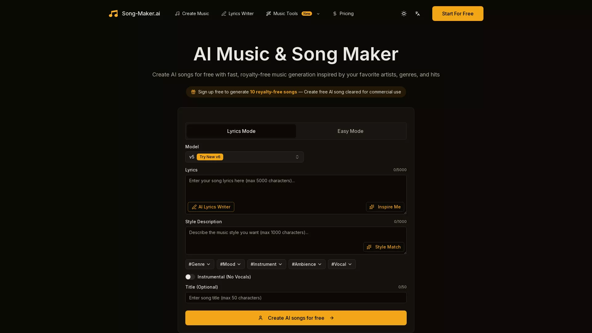 SongMakerAI - AI Song Generator Website Screenshot