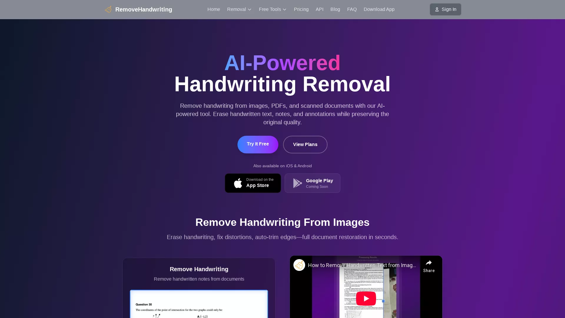 RemoveHandwriting - Document Editing Tool Website Screenshot