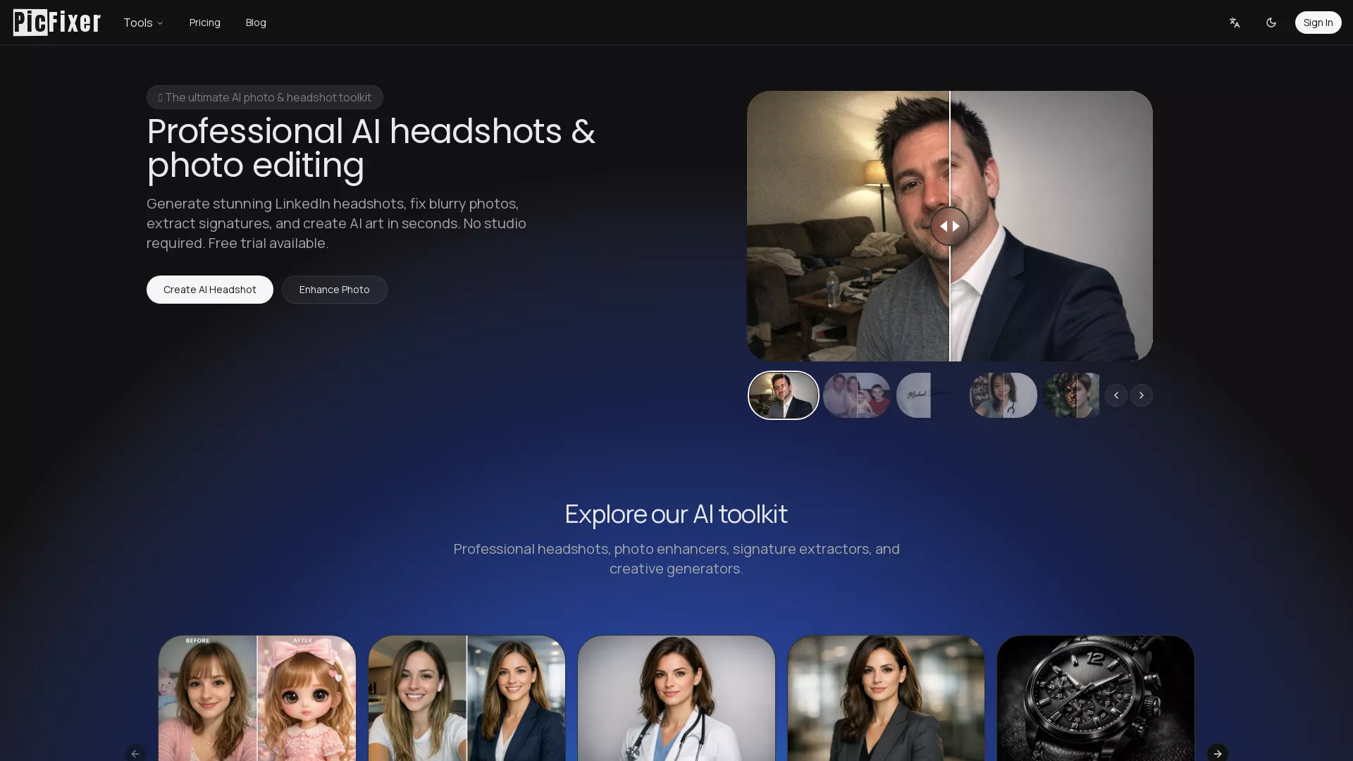PicFixer - AI Headshot Generator Tool Website Screenshot