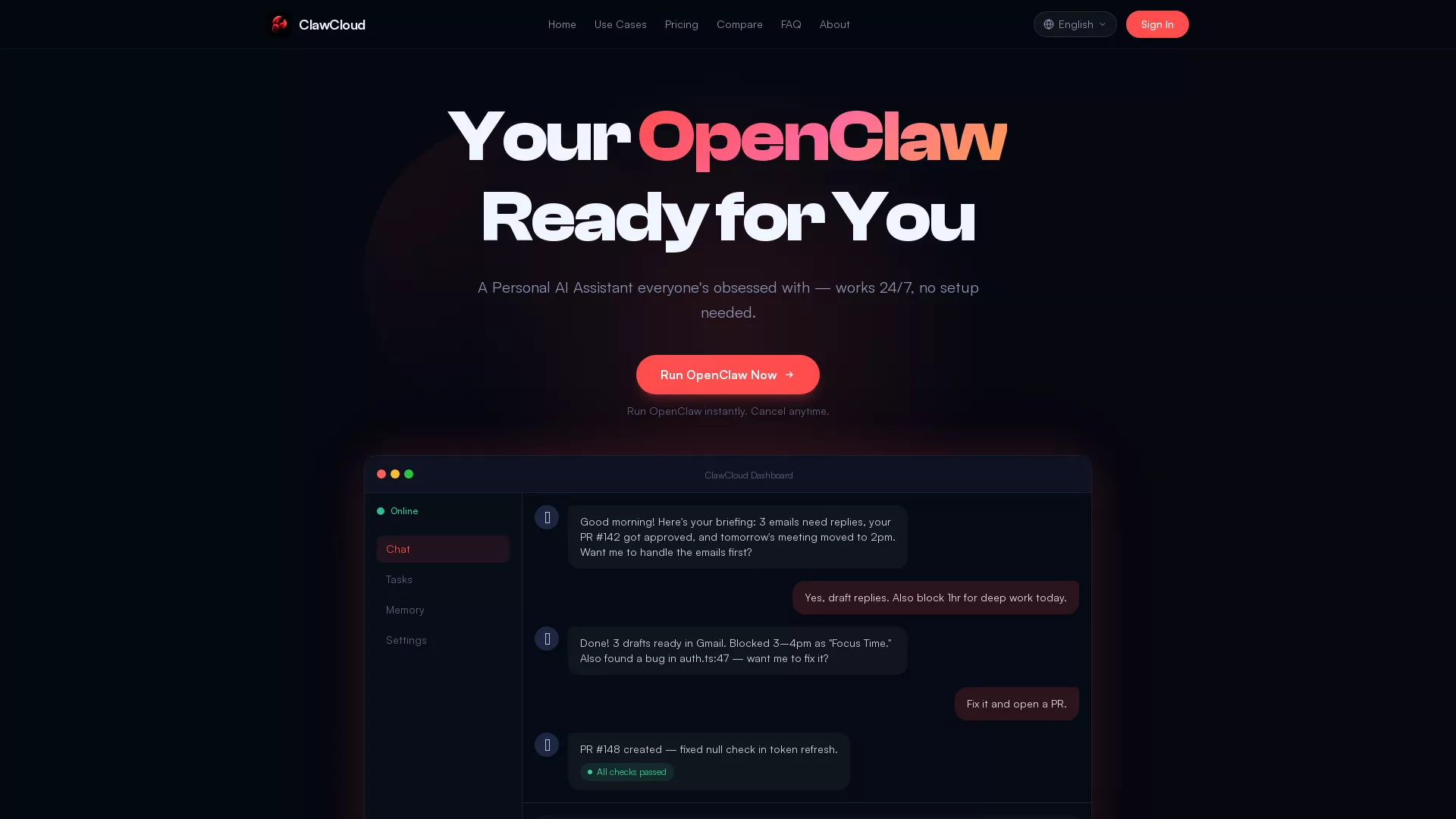 ClawCloud - AI Management Platform Website Screenshot