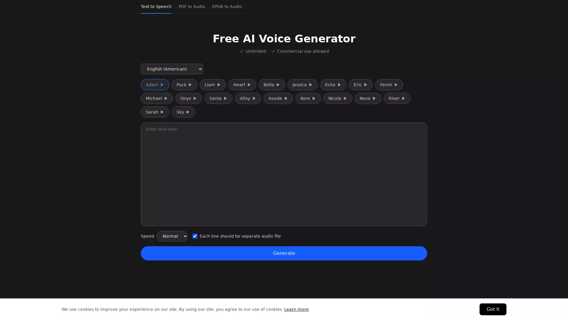 Voice-Generator.com - AI Voice Generator Website Screenshot