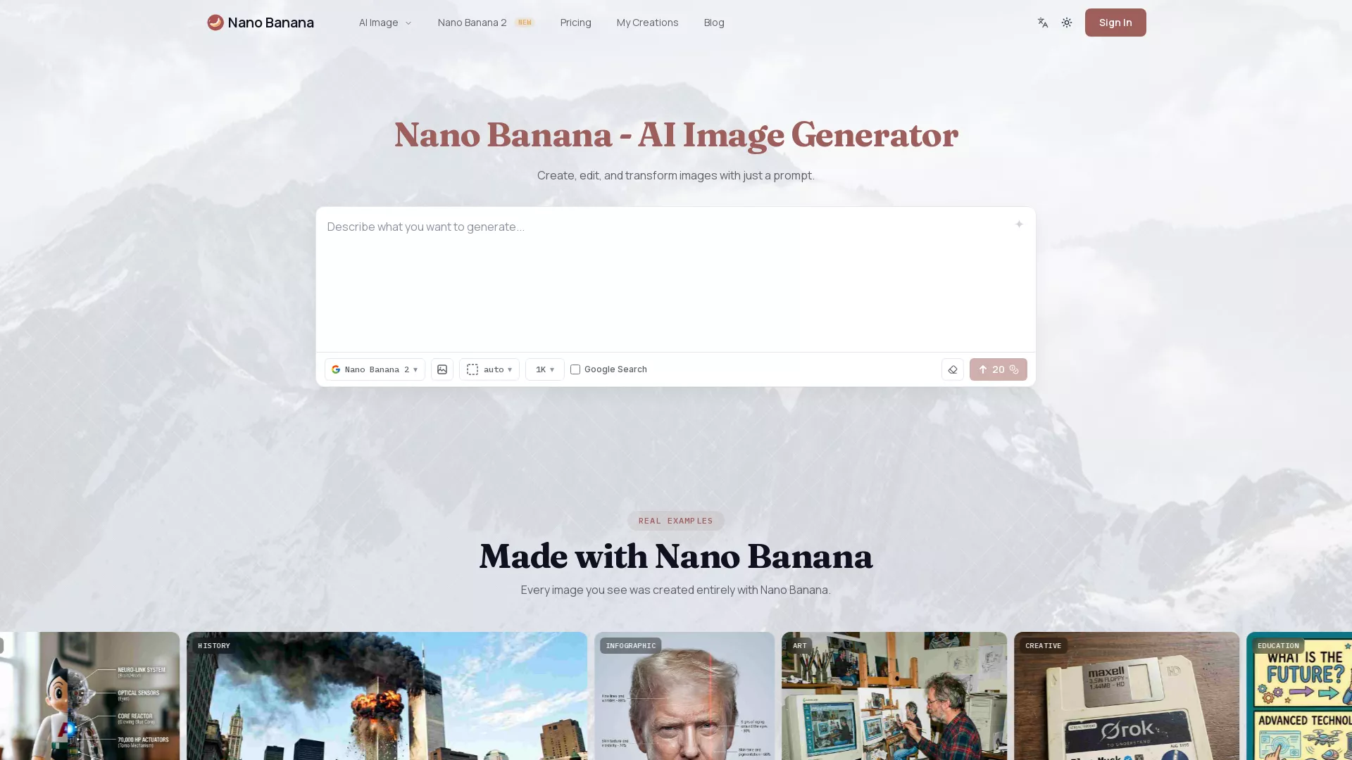 NanoBananaAI - AI Image Generation Platform Website Screenshot
