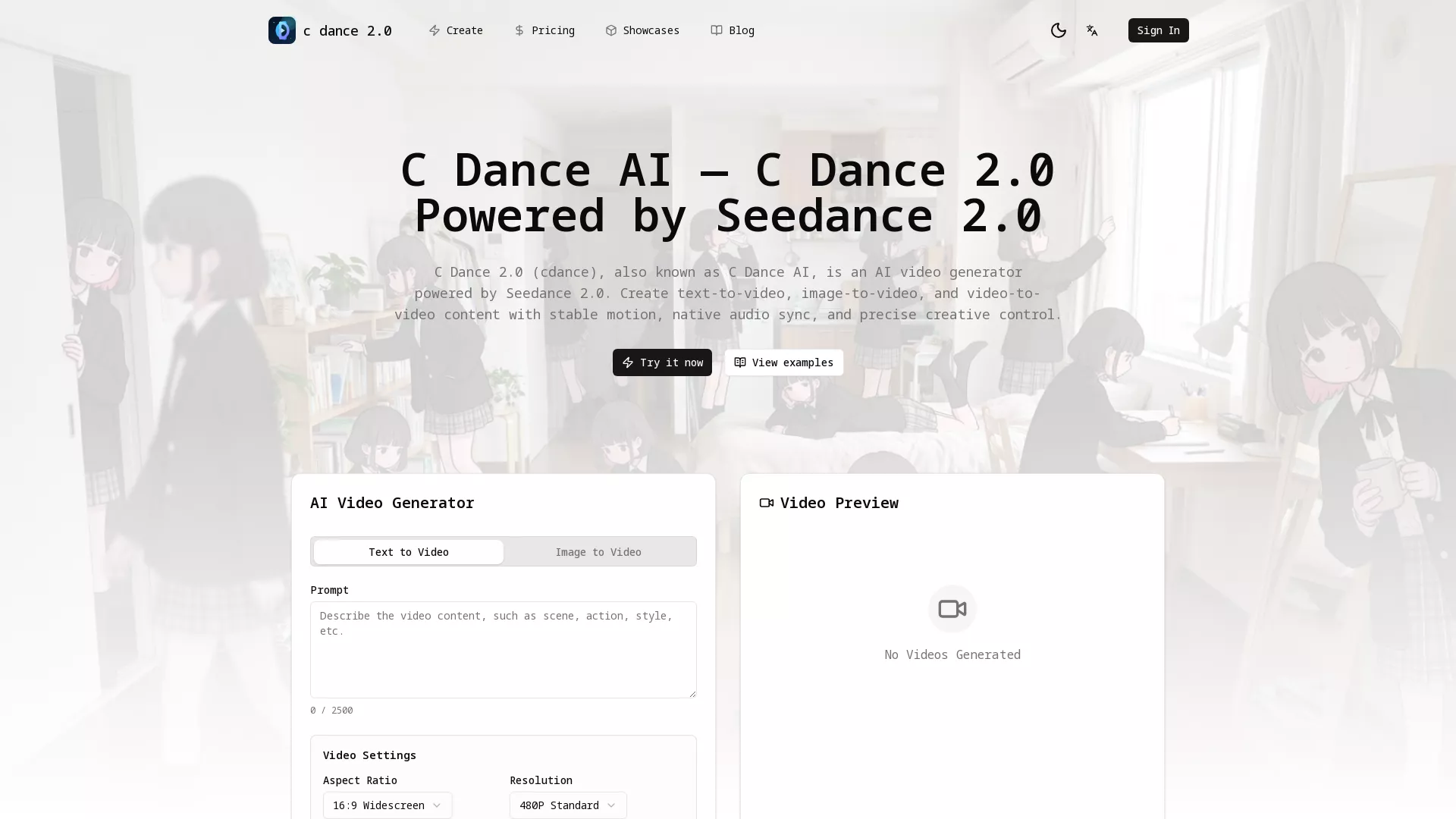 CDanceAI - AI Video Generation Tool Website Screenshot