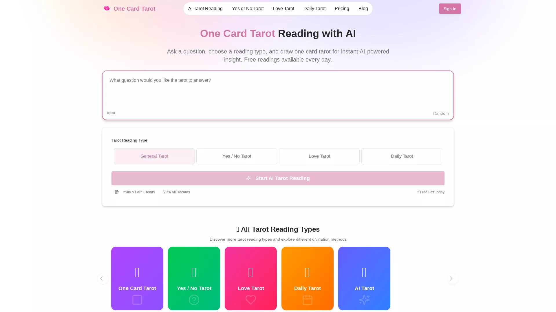 OneCardTarot - AI Tarot Reading Website Screenshot