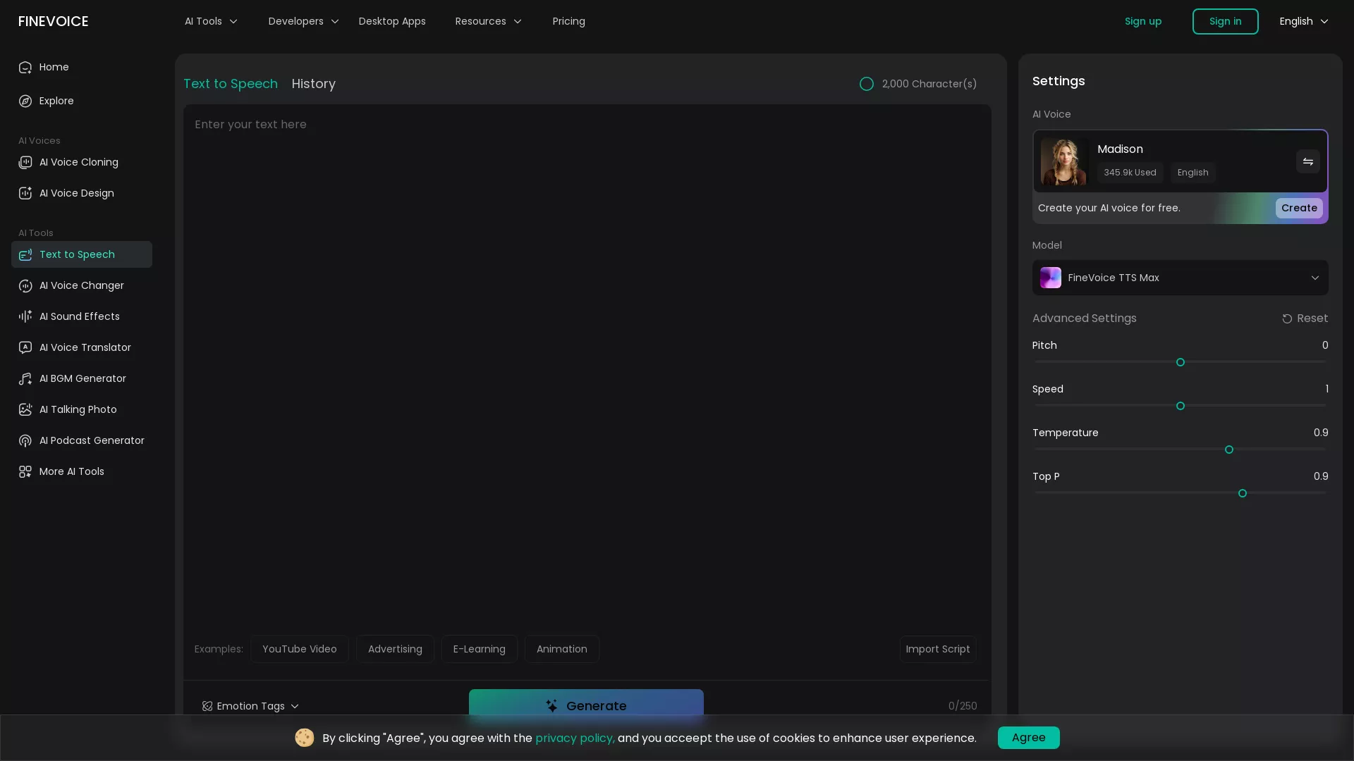 FineVoice Text to Speech - AI Text to Speech Tool, Video Voiceovers,Audiobook Creation,Marketing & Advertising Website Screenshot