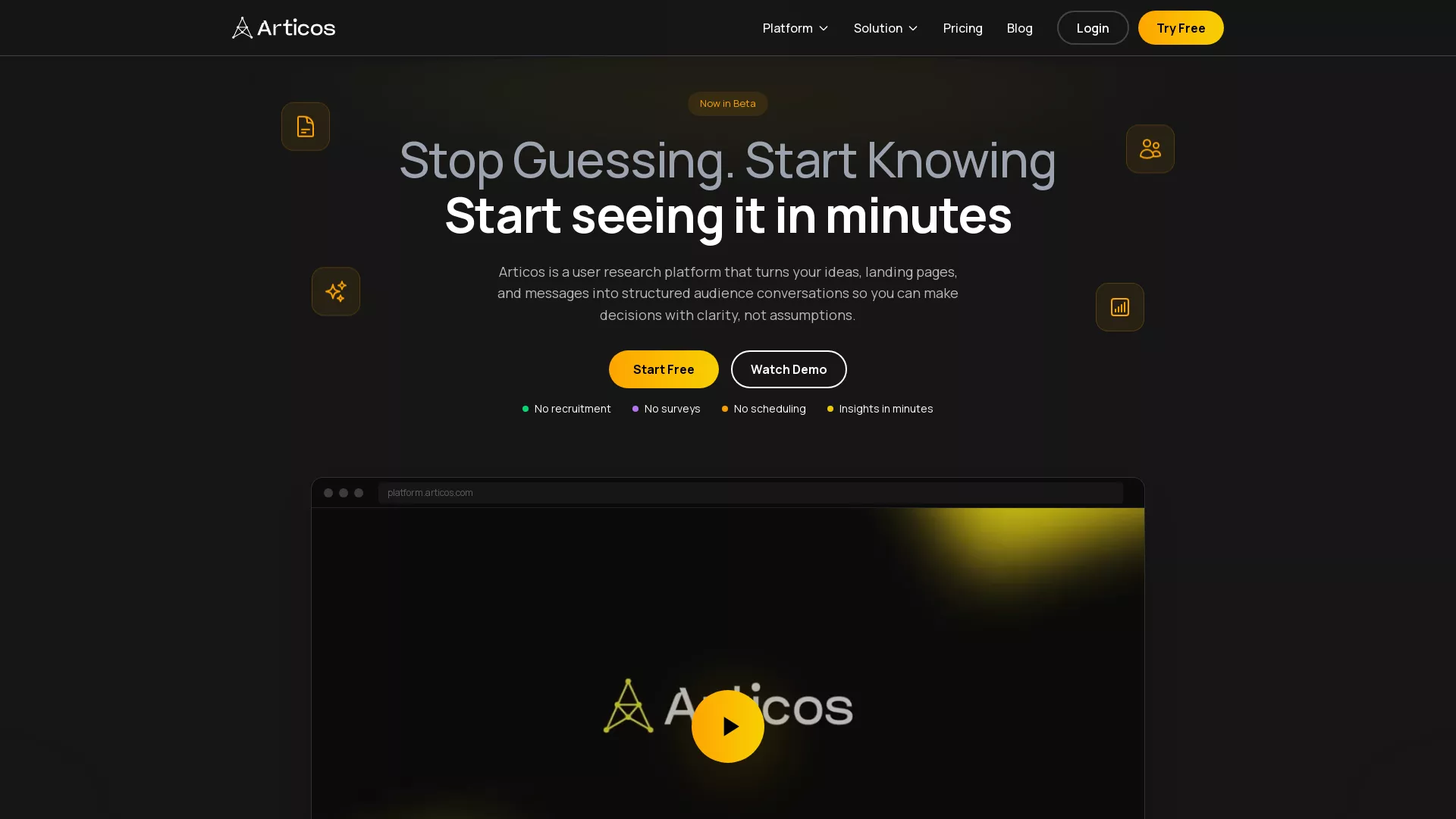 Articos - Synthetic User Research Tool Website Screenshot