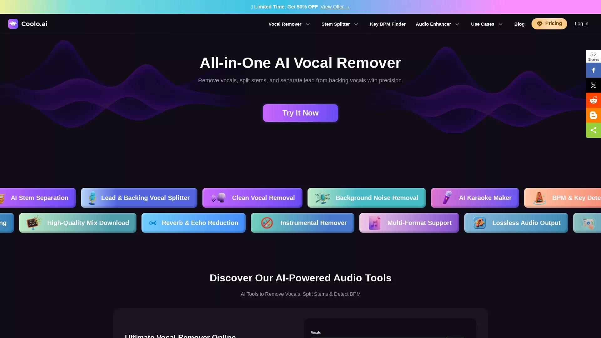 Coolo AI - AI Vocal Remover Tool Website Screenshot