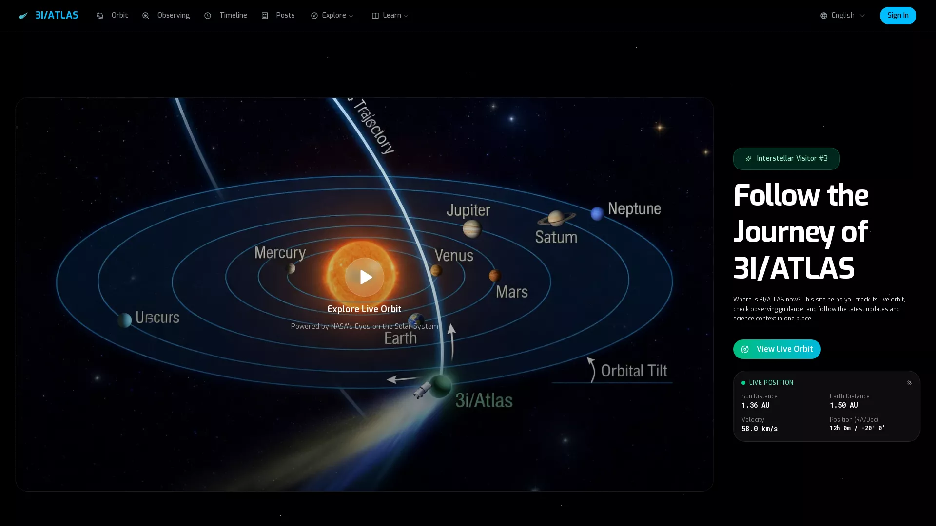 3i/Atlas  Comet Tracker - track 3i/atlas comet Website Screenshot