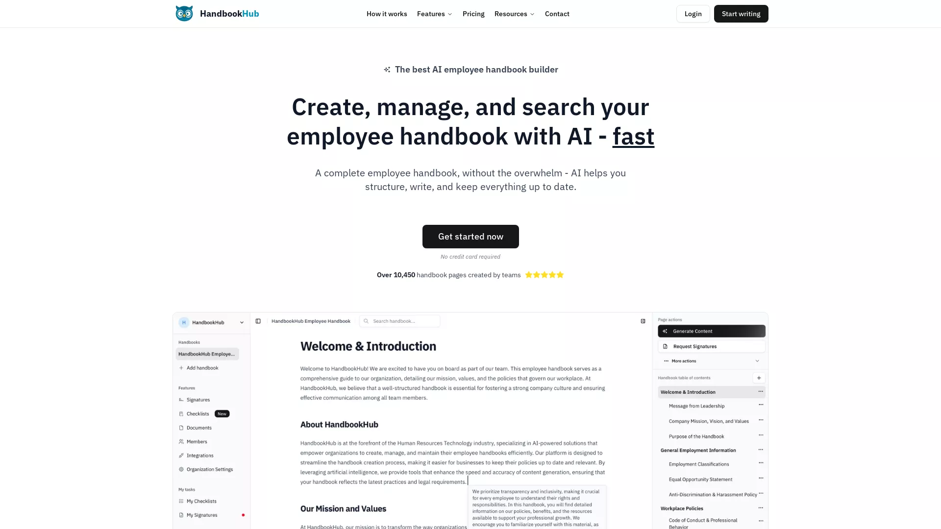 HandbookHub - AI Employee Handbook Builder Website Screenshot