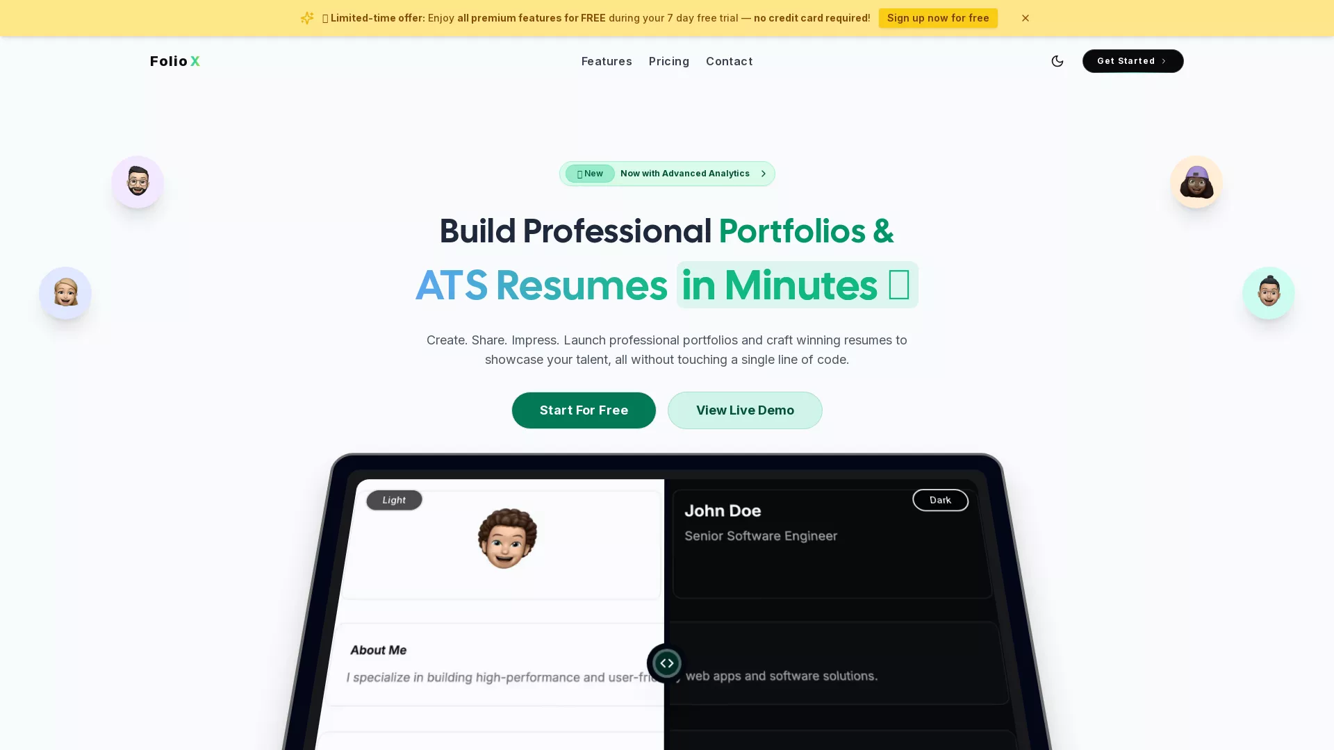 FolioX - AI Portfolio Resume Builder Website Screenshot