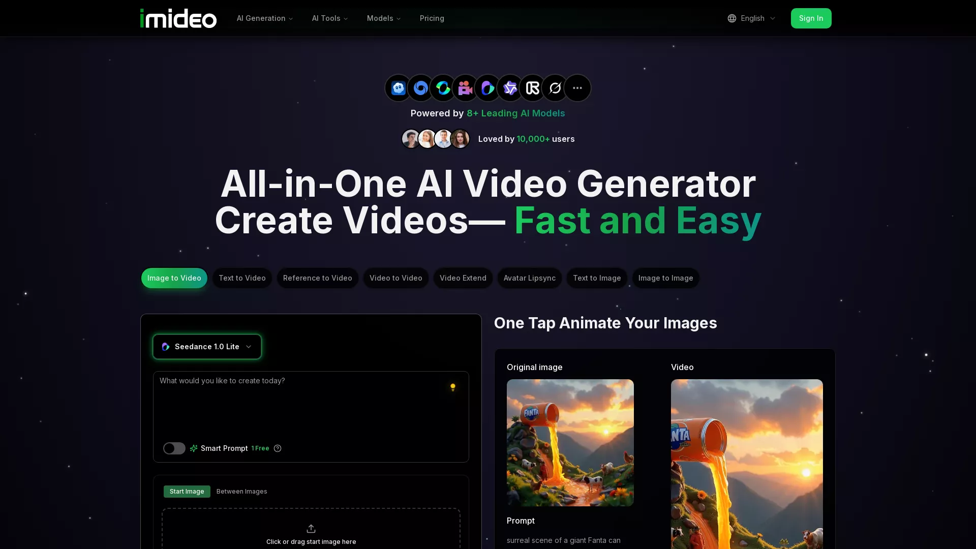 iMideo - AI Video Tool, AI Image Tool, Image to Video AI, AI Video Effects Website Screenshot