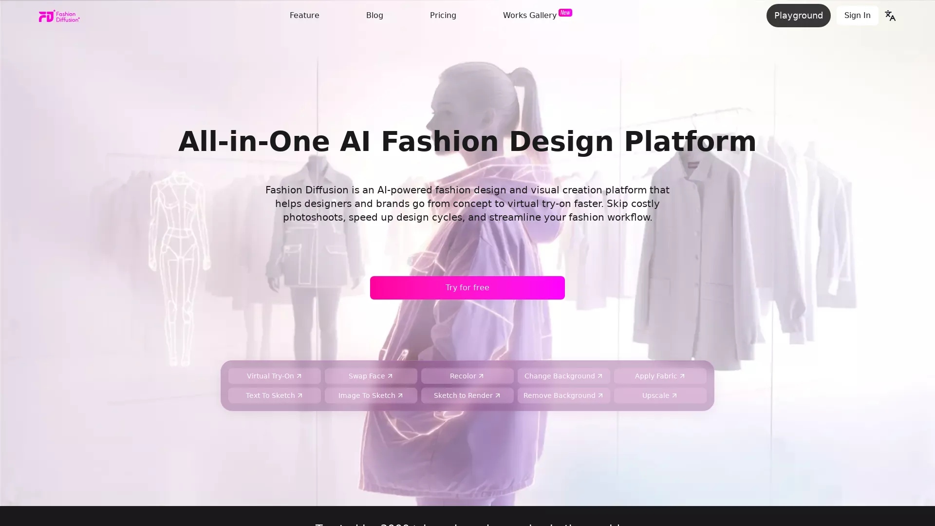 Fashion Diffusion AI - AI Fashion Design Tool, AI Virtual Try-On Tool, AI Text to images Tool, AI Outfit Generator, AI Video Generator Website Screenshot