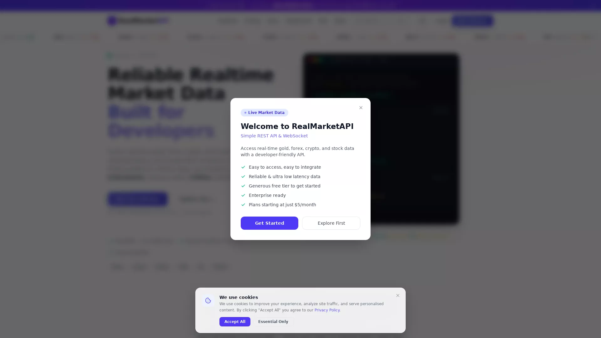 RealMarketAPI - Market Data API Website Screenshot