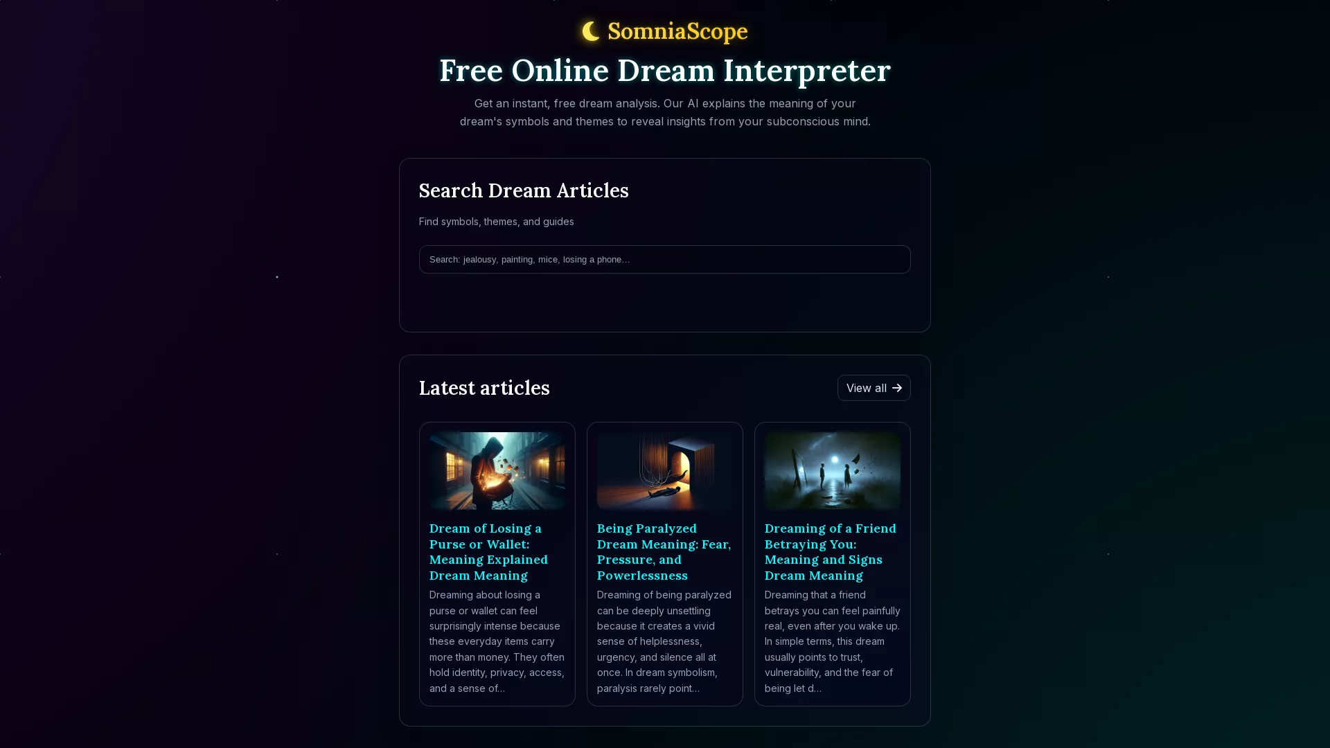 SomniaScope - Dream Interpretation Tool Website Screenshot