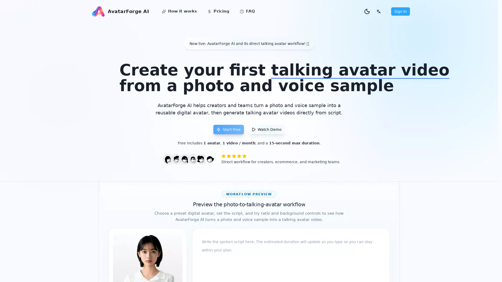 AvatarForgeAI - AI Avatar Video Generator Website Screenshot