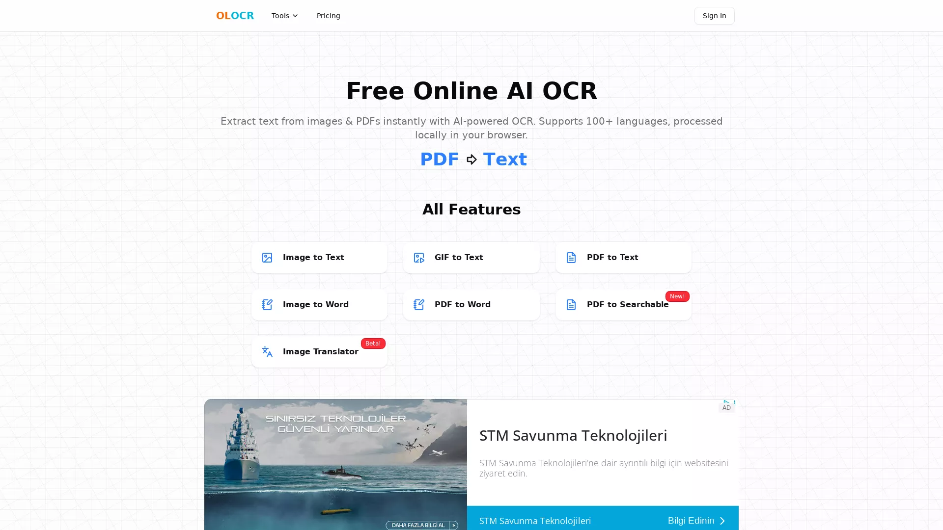 OLOCR - AI OCR Tool Website Screenshot