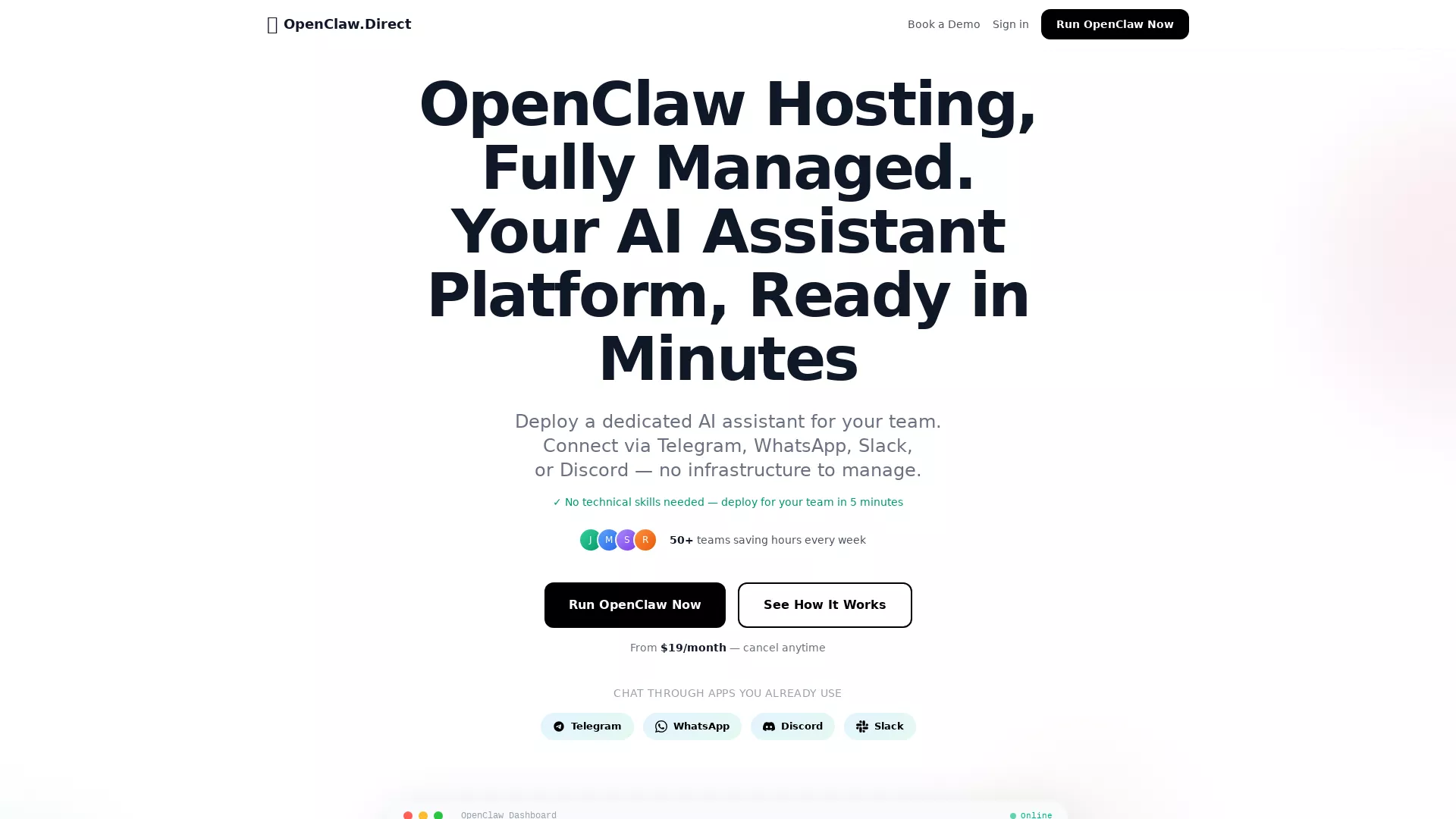 OpenClawDirectHosting - AI Business Productivity Website Screenshot
