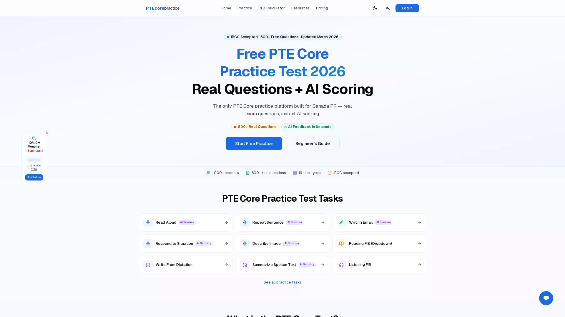 PTEcorepractice - AI Exam Practice Tool Website Screenshot