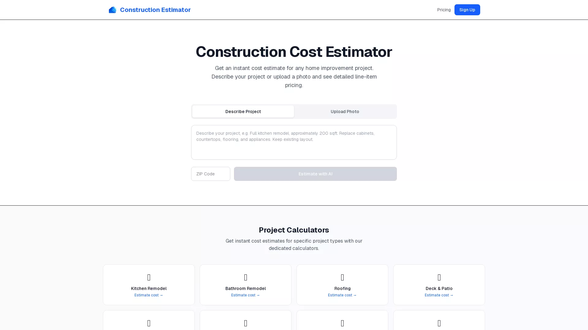Construction Estimator - AI Construction Cost Estimator Website Screenshot