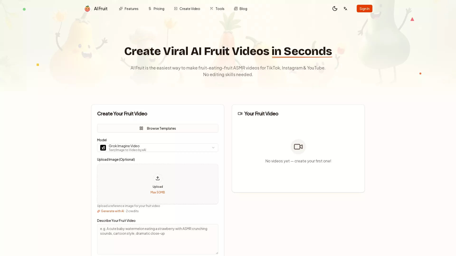 AI Fruit - AI Video Generator Tool Website Screenshot