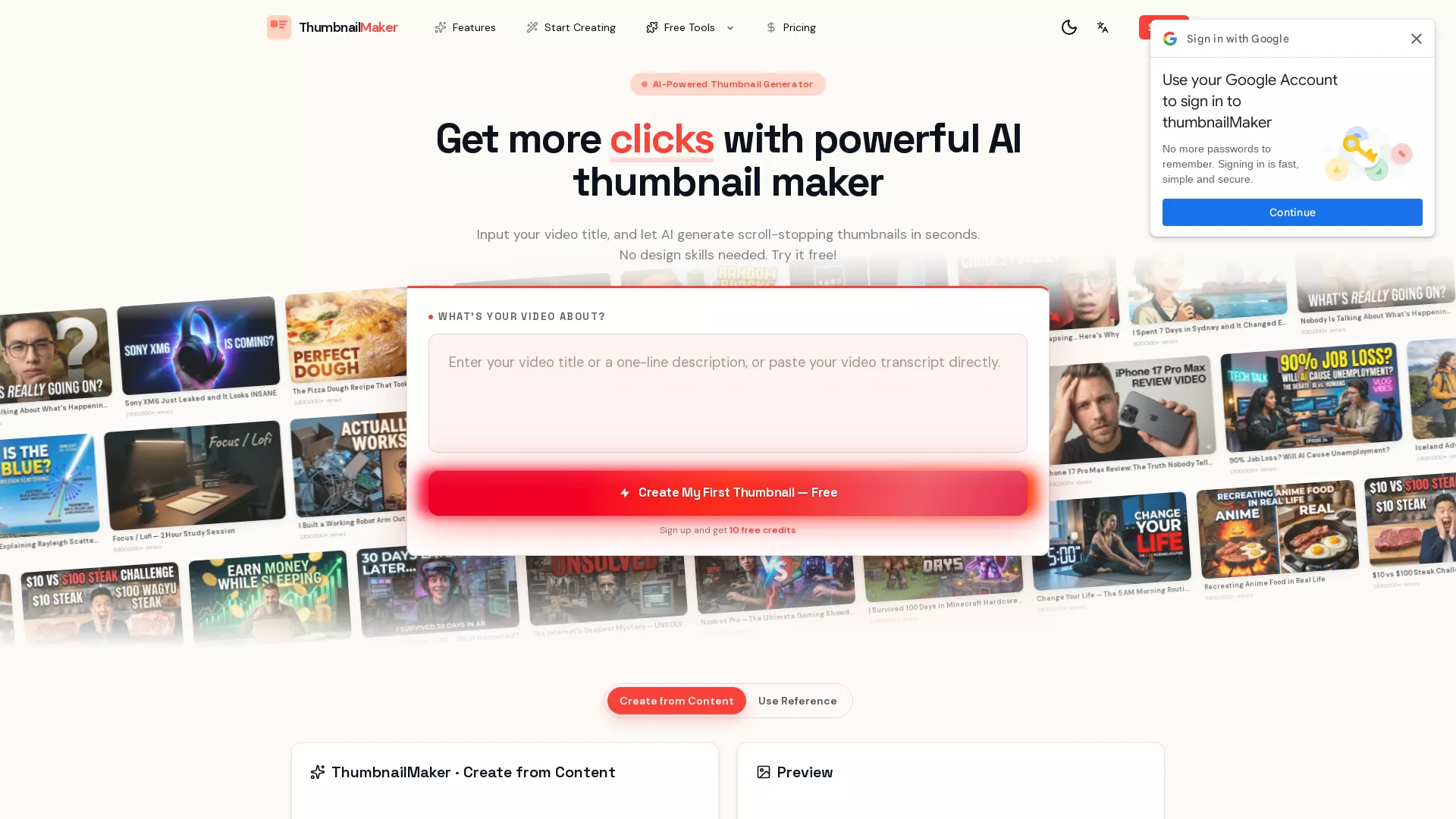 ThumbnailMaker - AI Thumbnail Generator Website Screenshot