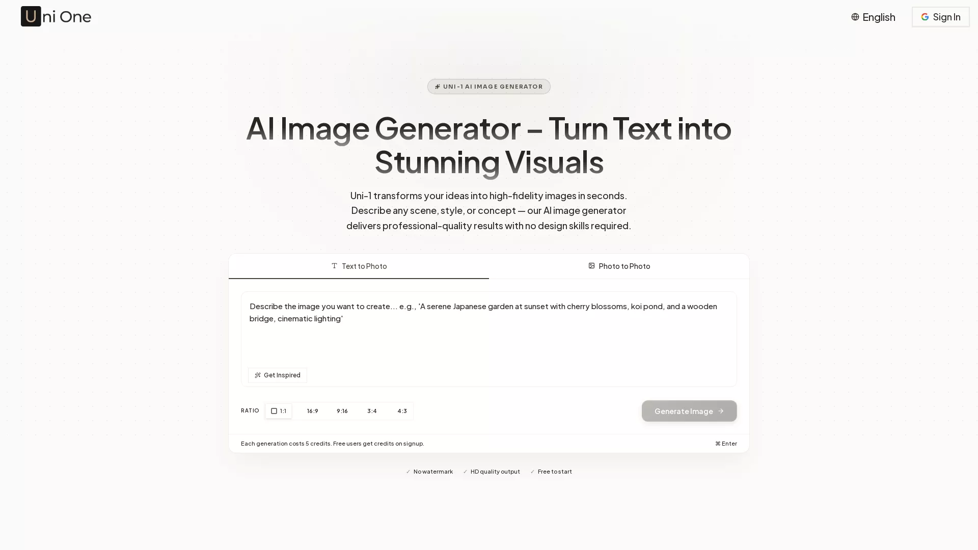 UniOne - AI Image Generation Platform Website Screenshot